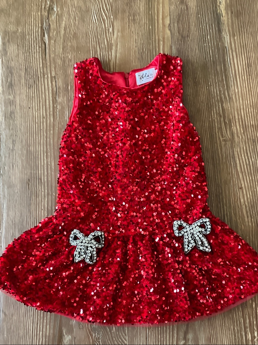 Lola + The Boys Red Sequin Dress with Crystal Bow Appliqués